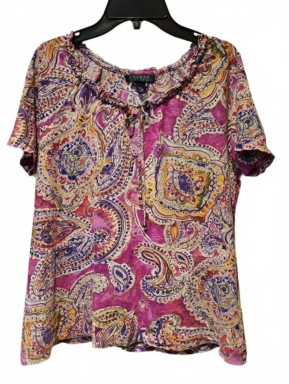 Lauren Ralph Lauren Women Beaded Tie Paisley Short Sleeve Henley Blouse Size M